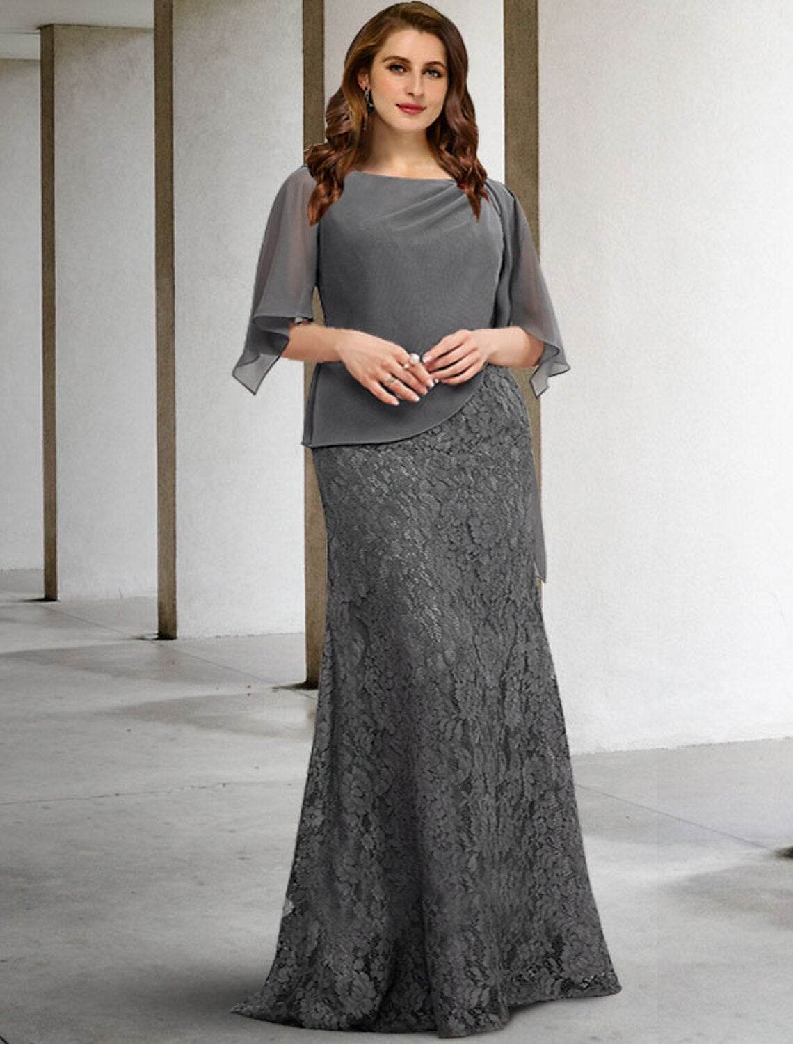 wholesale   Sheath / Column Mother of the Bride Dresses Plus Size Hide Belly Curve Elegant Dress Formal Floor Length Half Sleeve Jewel Neck Chiffon with Splicing