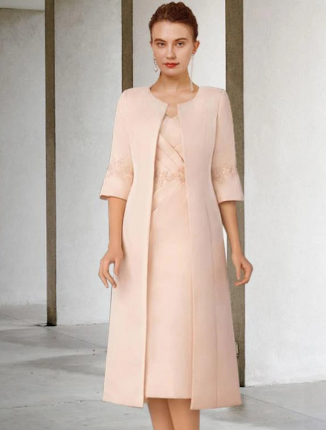 wholesale  Two Piece Sheath / Column Mother of the Bride Dress Church Elegant V Neck Knee Length Lace Stretch Chiffon Short Sleeve Jacket Dresses with Appliques Side-Draped