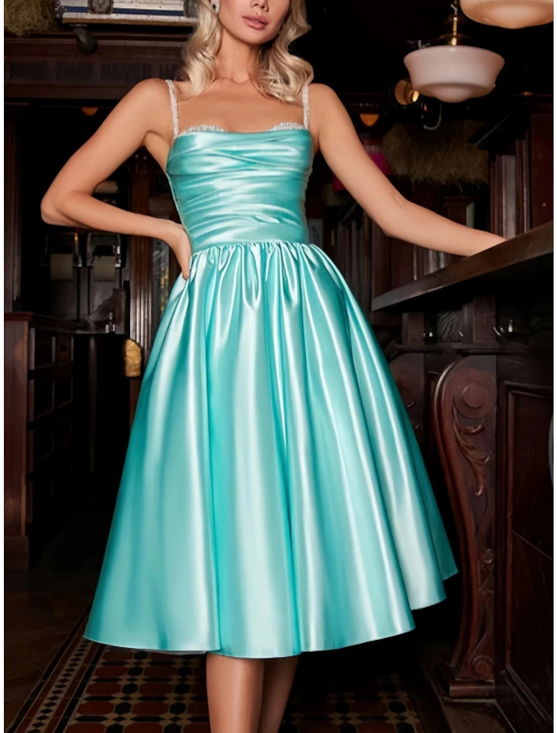 Wholesa A-Line Cocktail Dresses Party Dress Wedding Wedding Guest Knee Length Sleeveless Spaghetti Strap Satin with Pleats Ruched Sequin