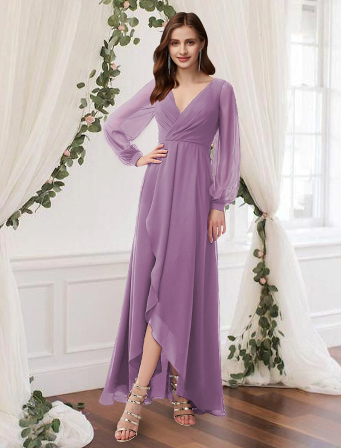 Wholesa A-Line Prom Dresses Empire Dress Wedding Guest Prom Ankle Length Long Sleeve V Neck Chiffon with Pleats