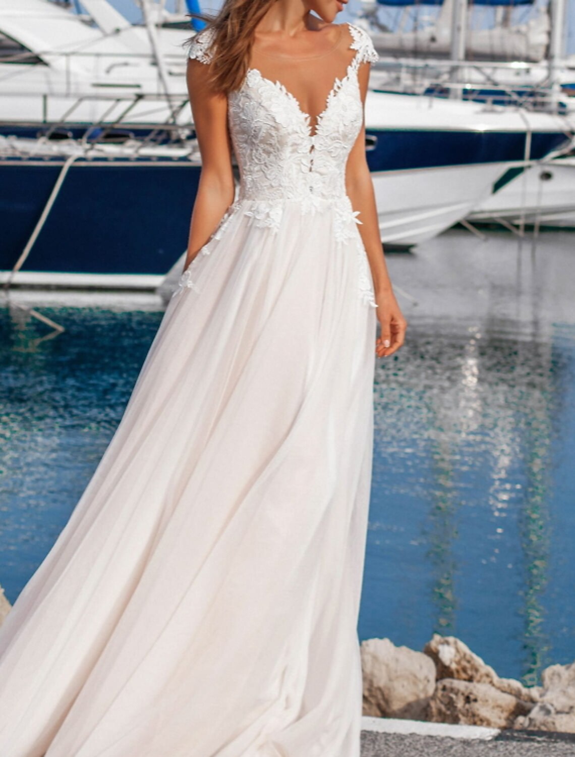 Wholesa Beach Formal Wedding Dresses A-Line V Neck Cap Sleeve Floor Length Lace Bridal Gowns With Appliques