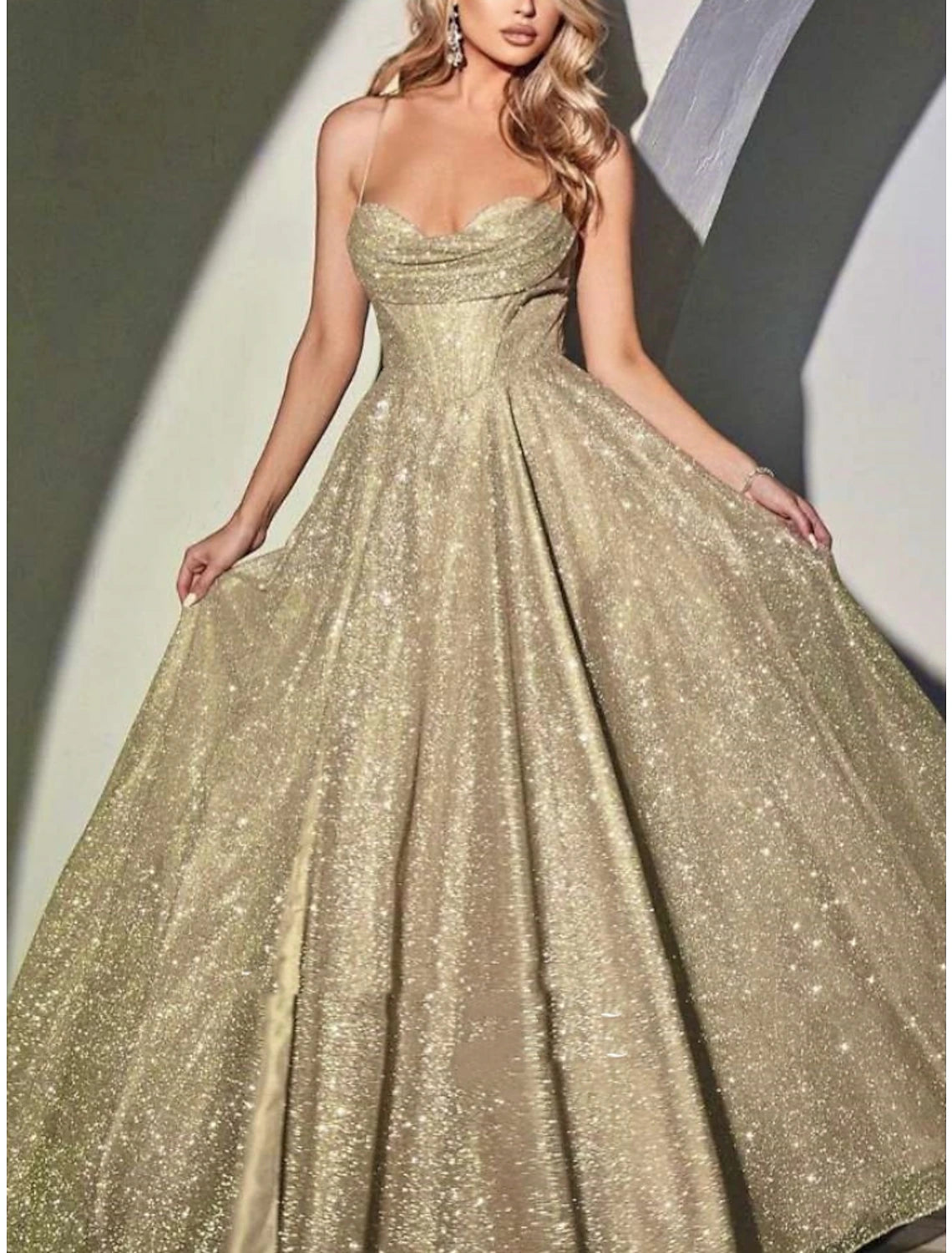 Wholesa A-Line Evening Gown Elegant Dress Formal Court Train Sleeveless Spaghetti Strap Sequined with Glitter Pleats Ruched