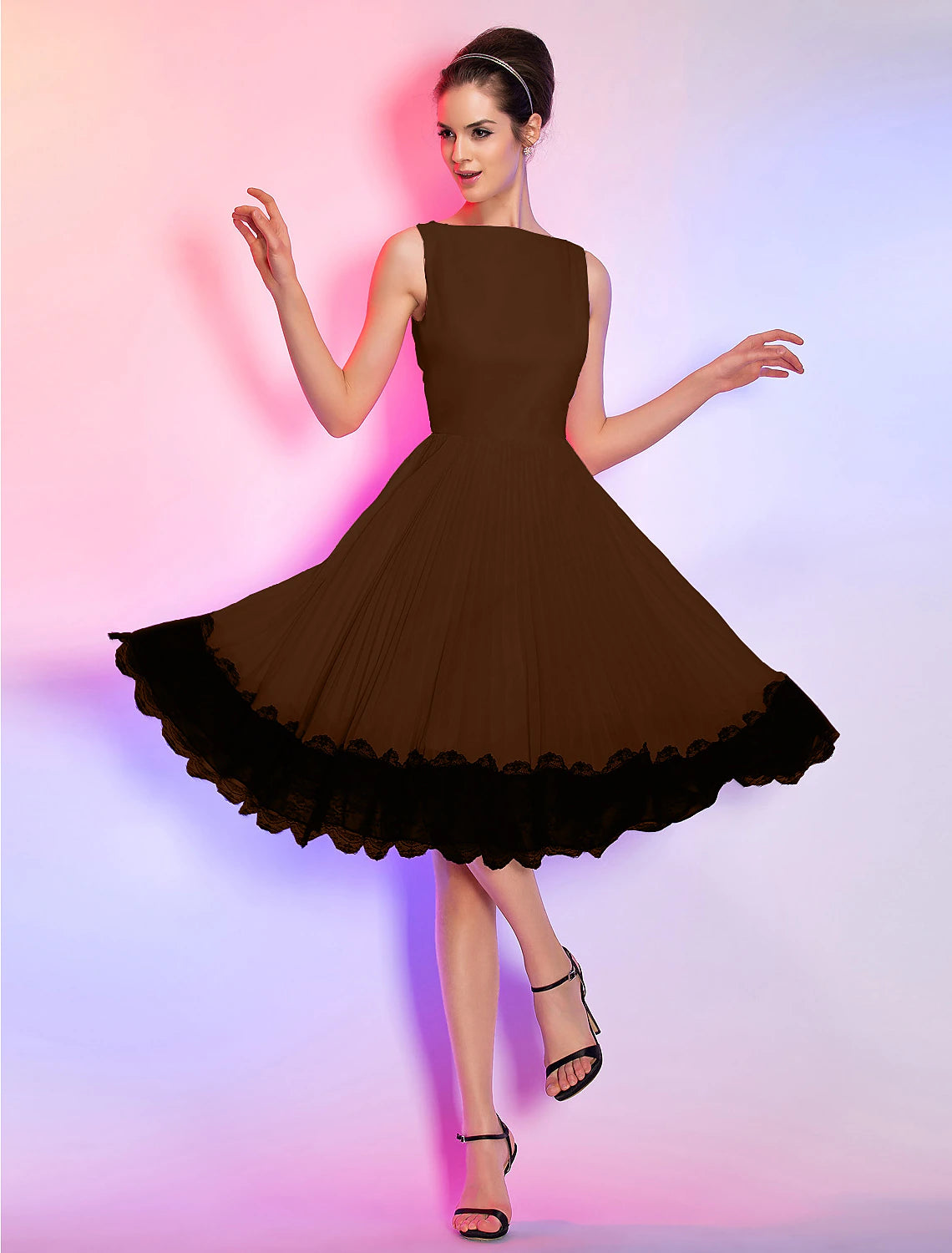 Wholesa A-Line Vintage Dress Homecoming Graduation Knee Length Sleeveless Boat Neck Pink Dress Chiffon with Lace Insert