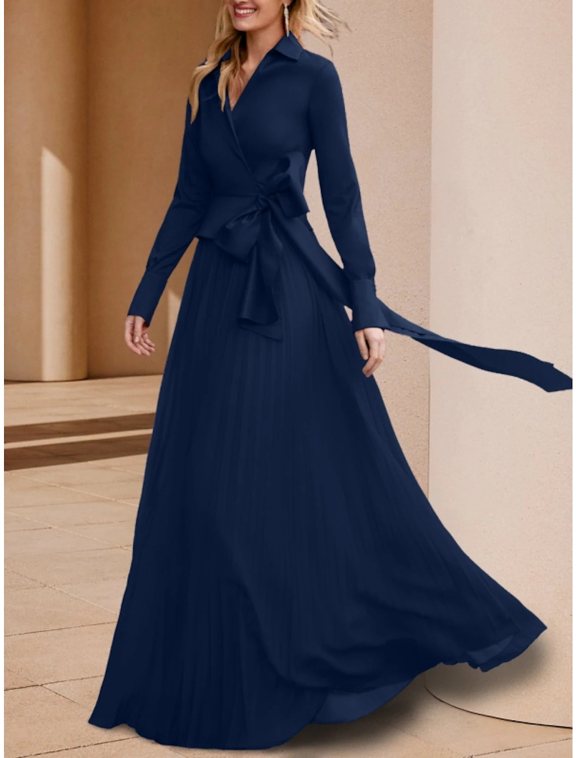 Wholesa A-Line Mother of the Bride Dress Wedding Guest Elegant V Neck Floor Length Stretch Chiffon Long Sleeve with Bow(s) Ruching Solid Color
