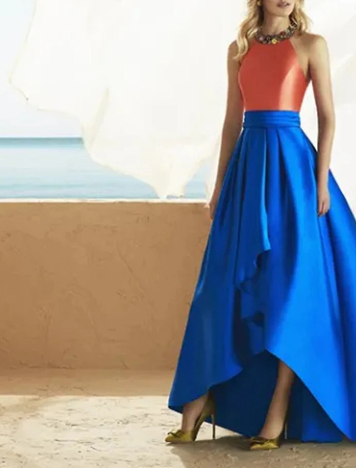 Wholesa A-Line Evening Gown Color Block Dress Formal Wedding Guest Asymmetrical Sleeveless Halter Neck Satin Backless with Ruffles