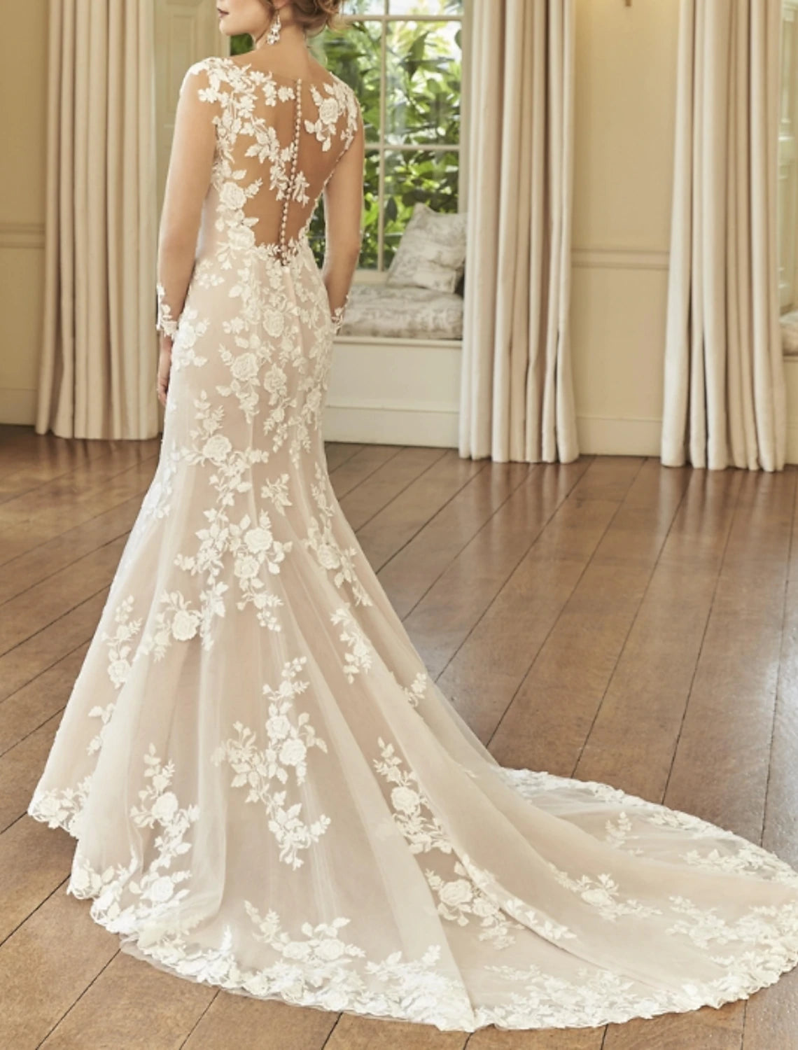 wholesale  Engagement Formal Fall Wedding Dresses Mermaid / Trumpet Illusion Neck Long Sleeve Court Train Lace Bridal Gowns With Embroidery
