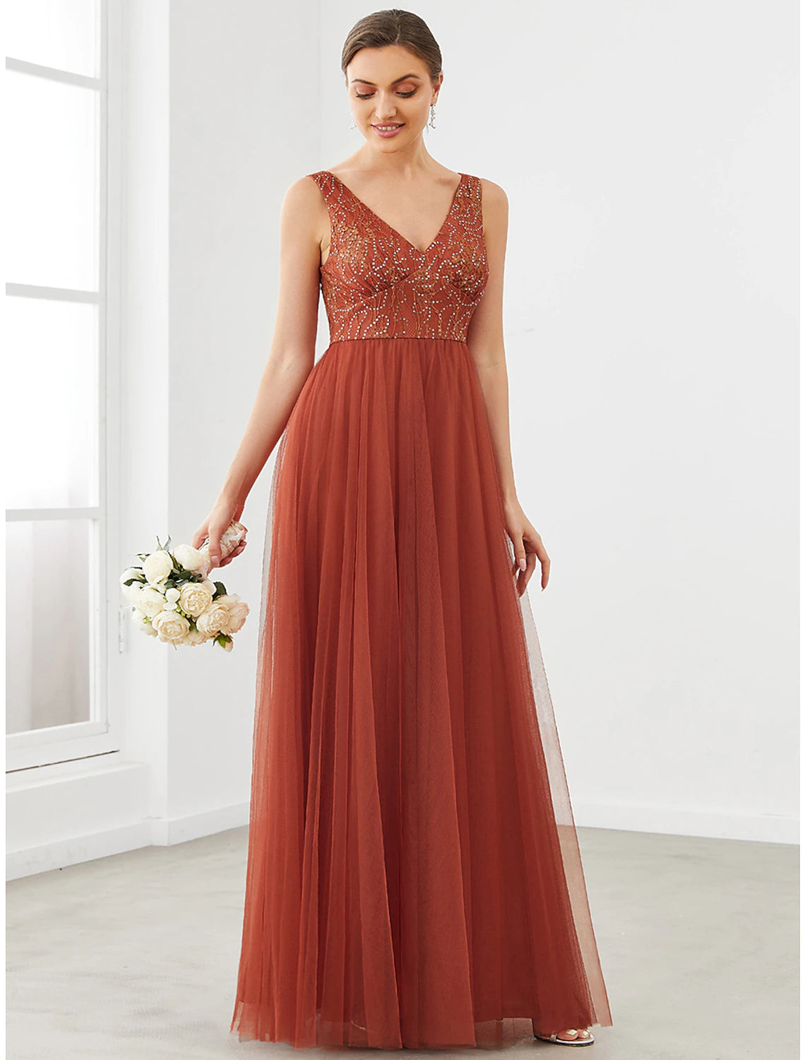 Wholesa A-Line Prom Dresses Sparkle & Shine Dress Homecoming Wedding Guest Floor Length Sleeveless V Neck Tulle with Draping Splicing