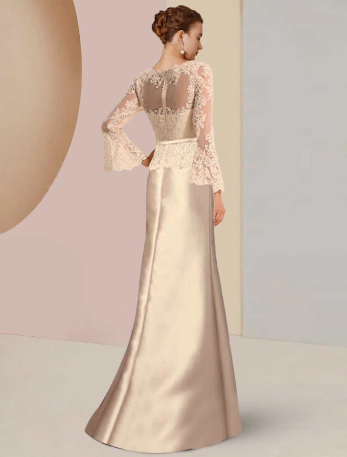 wholesale  Sheath / Column Mother of the Bride Dress Wedding Guest Elegant Scoop Neck Sweep / Brush Train Satin Lace Long Sleeve with Beading Appliques
