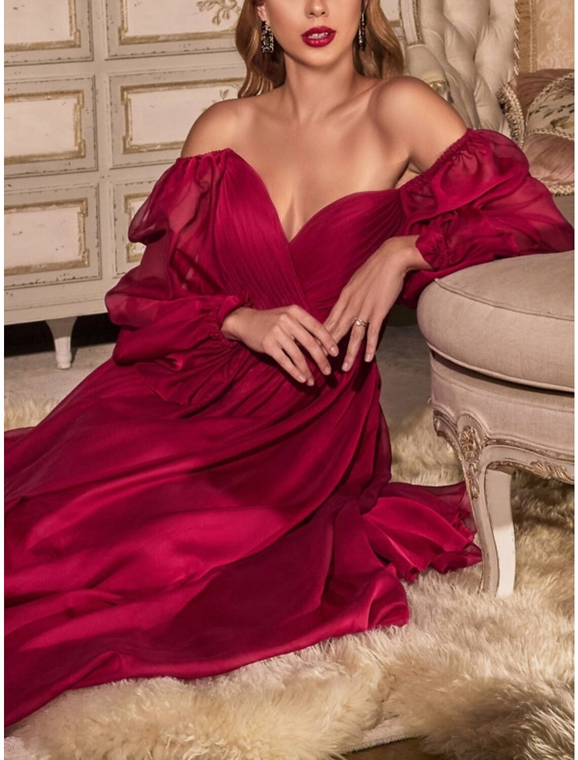 Wholesa Sheath / Column Wedding Guest Dresses Elegant Dress Wedding Guest Floor Length Long Sleeve Sweetheart Bridesmaid Dress Chiffon with Pleats Ruched