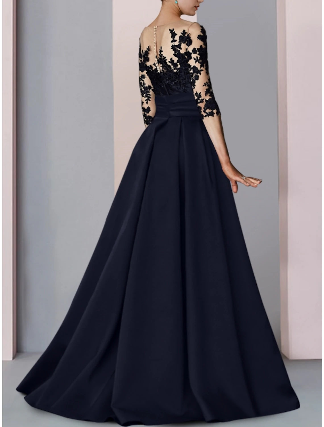 wholesale  A-Line Evening Gown High Split Dress Formal Fall Sweep / Brush Train Half Sleeve Illusion Neck Satin with Slit Embroidery