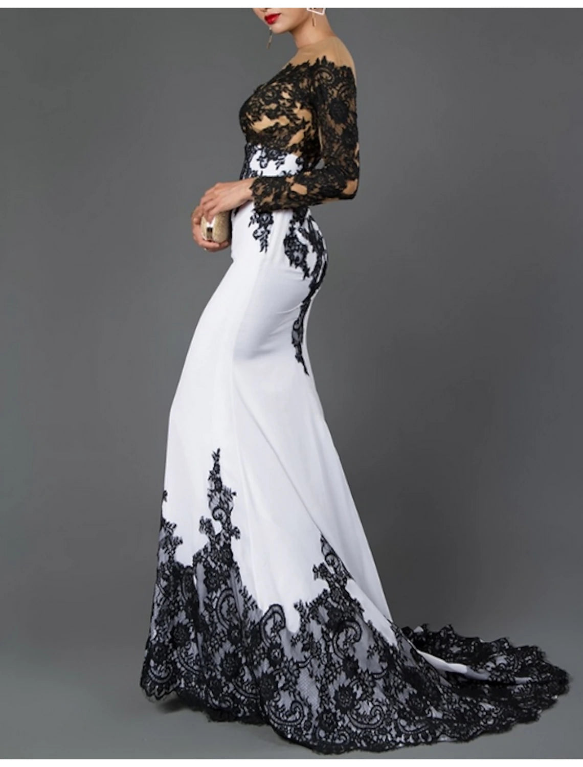 Wholesa Mermaid Black Dress Color Block Formal Evening Dress Off Shoulder Long Sleeve Sweep / Brush Train Polyester with Lace Insert