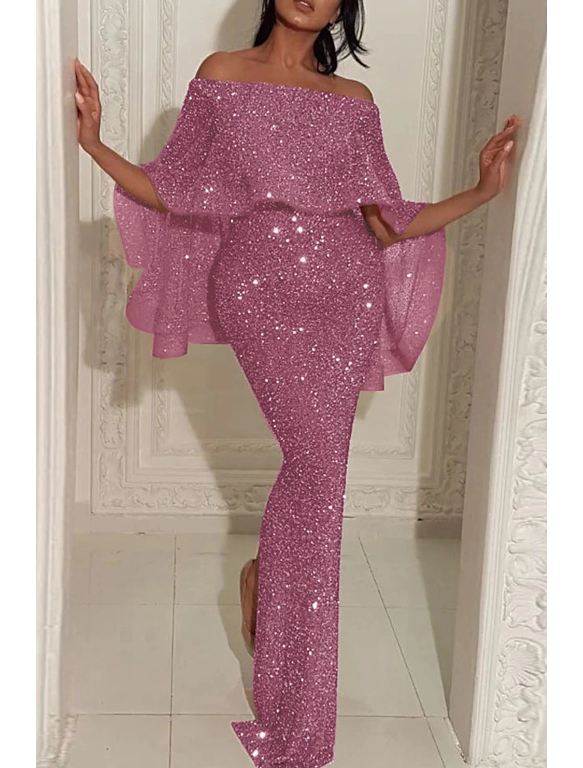 Wholesa Mermaid / Trumpet Evening Gown Sparkle & Shine Dress Formal Wedding Guest Sweep / Brush Train Sleeveless Off Shoulder Capes Sequined with Sequin Slit