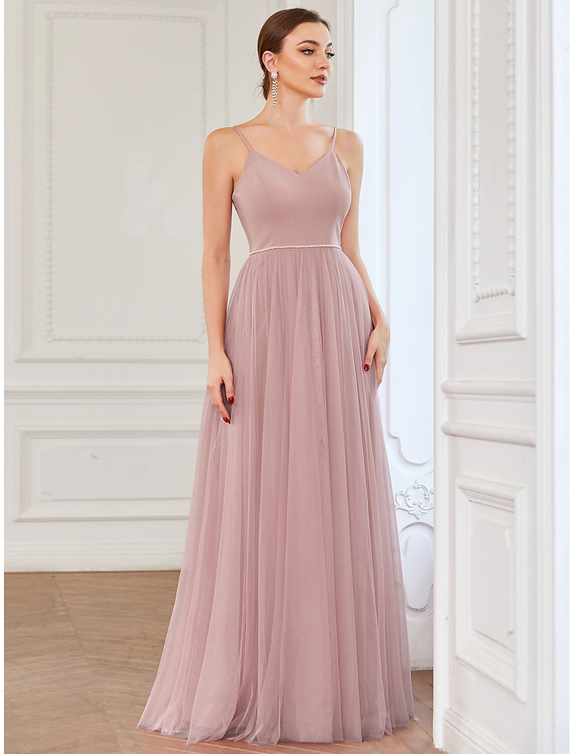 Wholesa A-Line Prom Dresses Vintage Dress Wedding Guest Prom Floor Length Sleeveless V Neck Bridesmaid Dress Tulle V Back with Pleats Draping