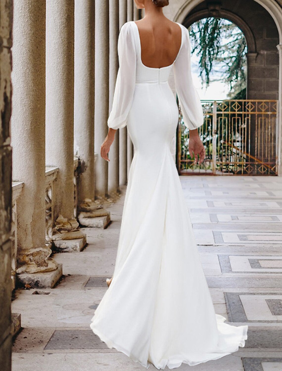 Wholesa Hall Simple Wedding Dresses Sheath / Column Square Neck Long Sleeve Sweep / Brush Train Chiffon Bridal Gowns With Split Front