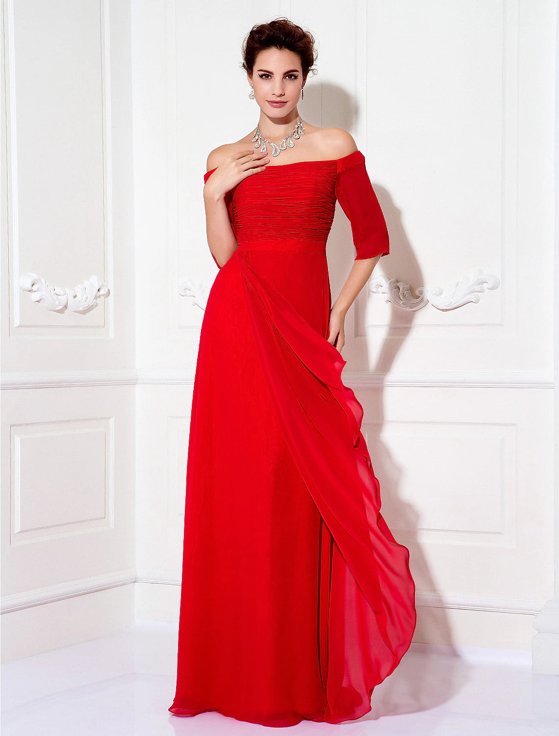 wholesa Sheath / Column Minimalist Dress Wedding Guest Formal Evening Sweep / Brush Train Half Sleeve Off Shoulder Bridesmaid Dress Chiffon with Ruched Draping