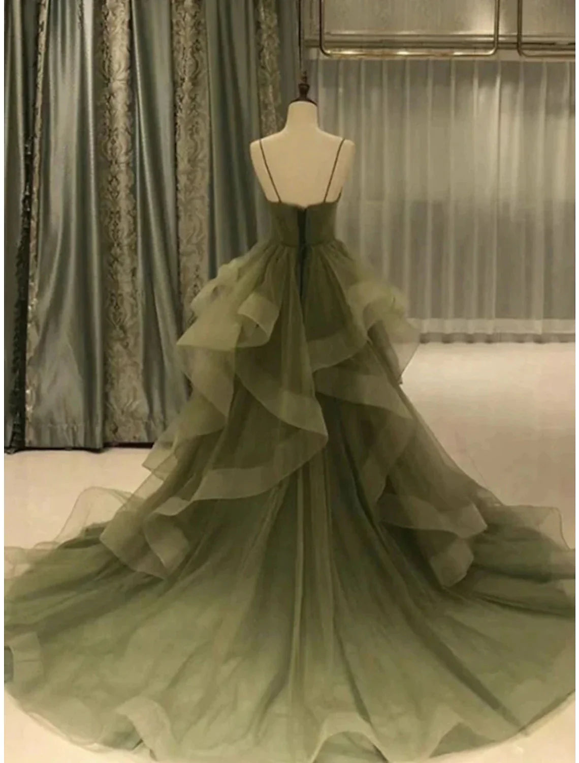 Wholesa A-Line Prom Dresses Elegant Dress Formal Court Train Christmas Red Green Dress Sleeveless Spaghetti Strap Tulle with Pleats Ruffles