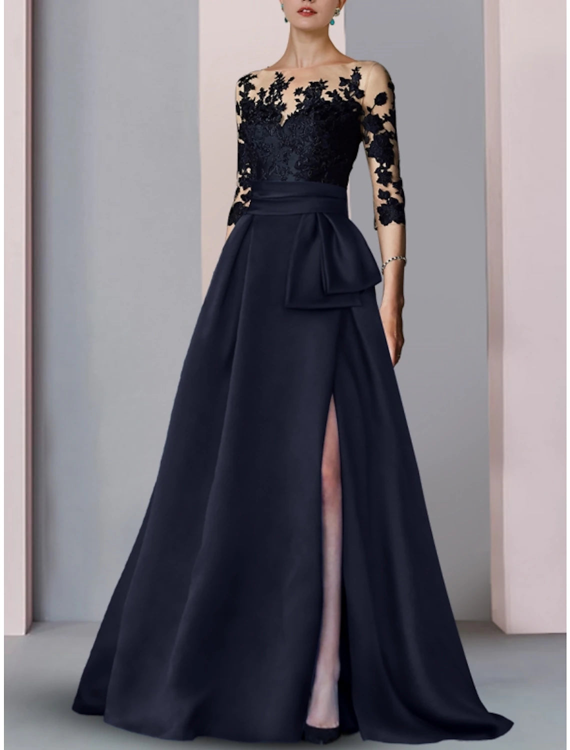 wholesale  A-Line Evening Gown High Split Dress Formal Fall Sweep / Brush Train Half Sleeve Illusion Neck Satin with Slit Embroidery