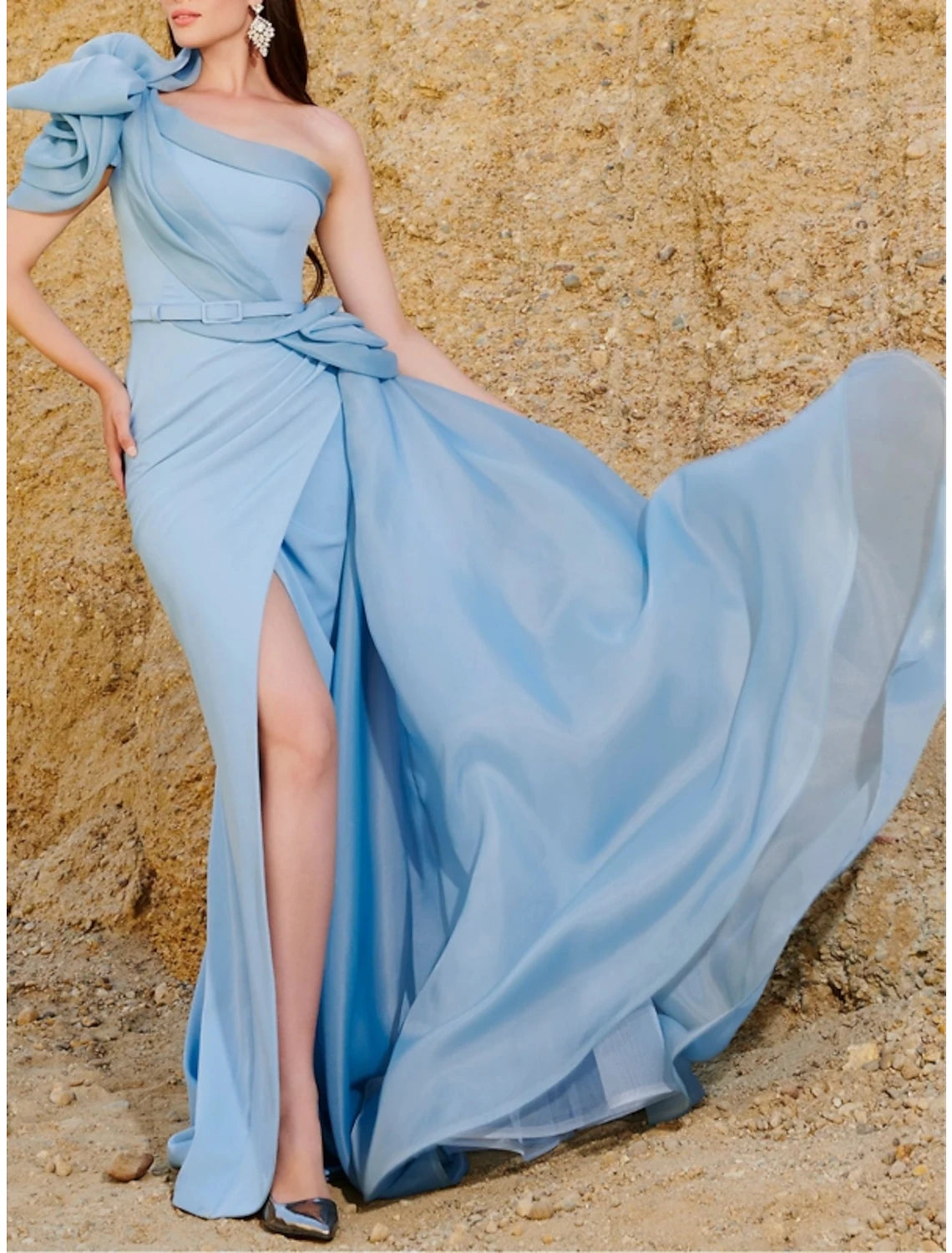 Wholesa Sheath / Column Cocktail Dresses High Split Dress Formal Wedding Guest Sweep / Brush Train Sleeveless One Shoulder Tulle with Shouder Flower