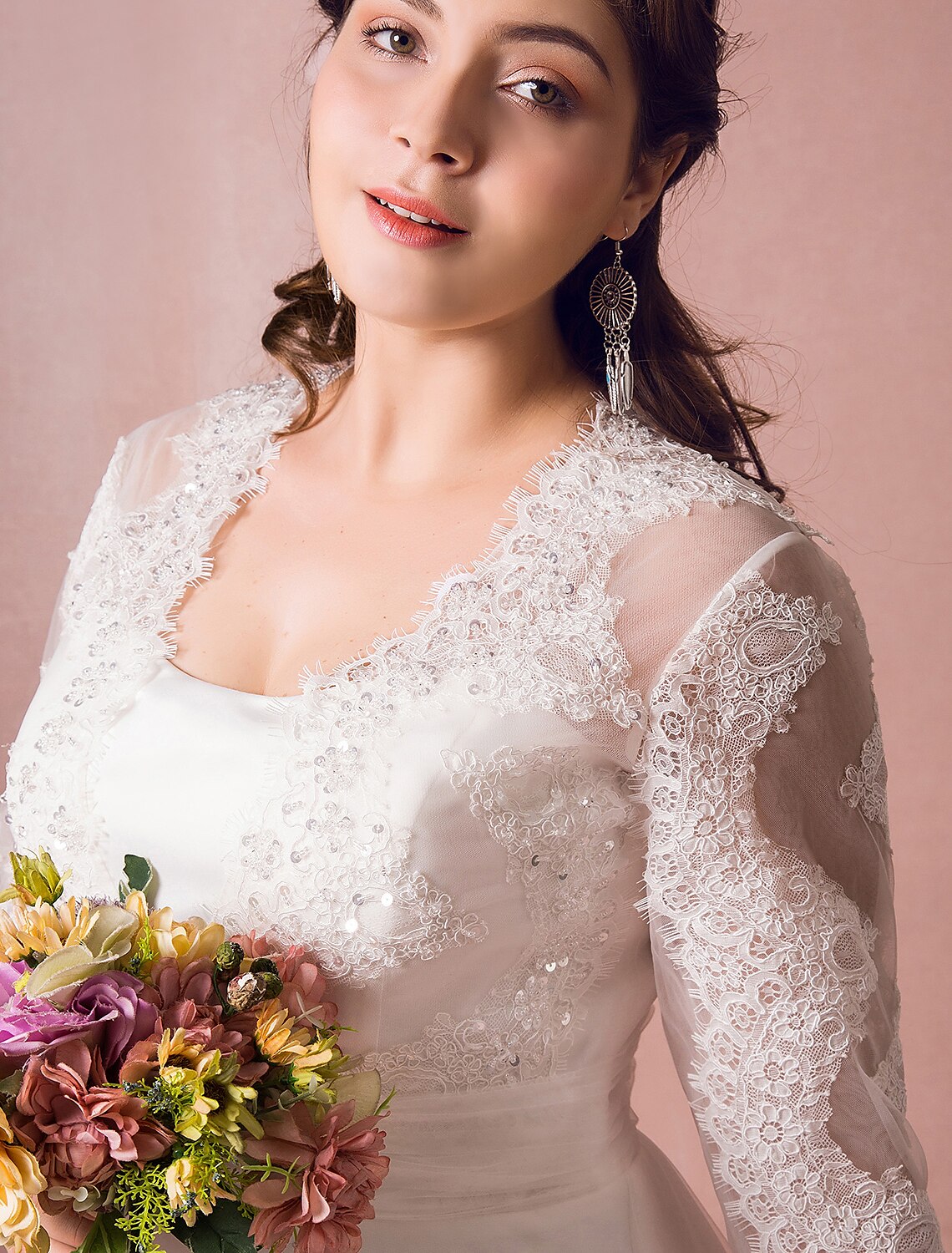 wholesale  Hall Sparkle & Shine Wedding Dresses A-Line Illusion Neck Long Sleeve Court Train Satin Bridal Gowns With Buttons Ruched