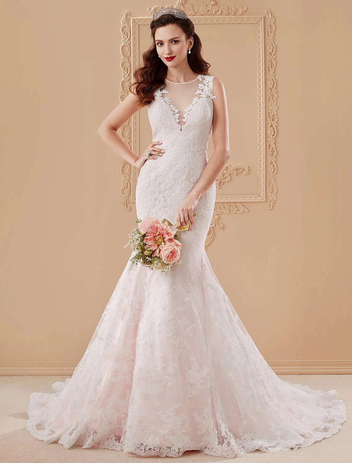 Wholesa Mermaid / Trumpet Plunging Neckline Court Train Lace Tulle Wedding Dress with Appliques