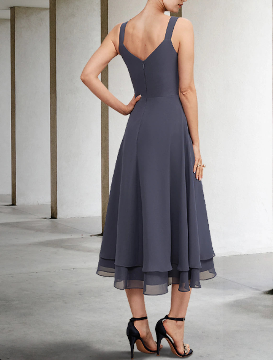 wholesale  A-Line Mother of the Bride Dress Elegant V Neck Tea Length Chiffon Lace Sleeveless Jacket Dresses with Tier Solid Color