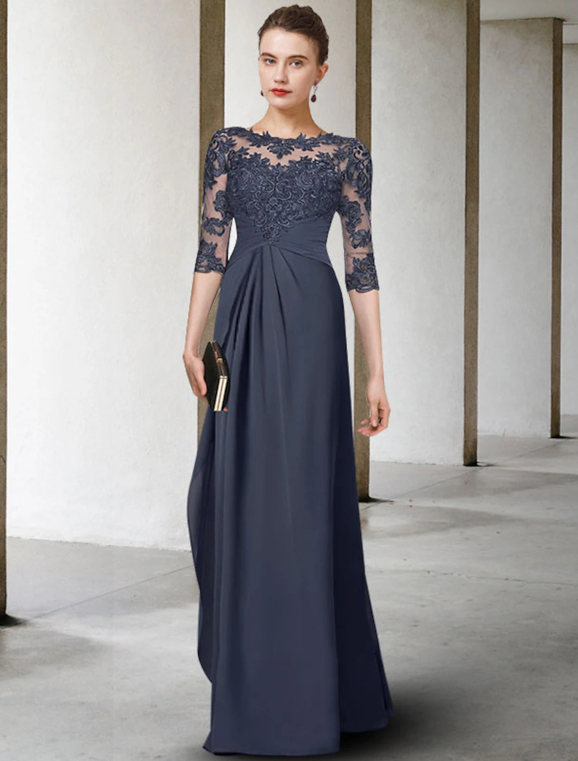 wholesale  Sheath / Column Plus Size Curve Mother of the Bride Dress Elegant Jewel Neck Floor Length Chiffon Lace Half Sleeve with Pleats Ruched Appliques