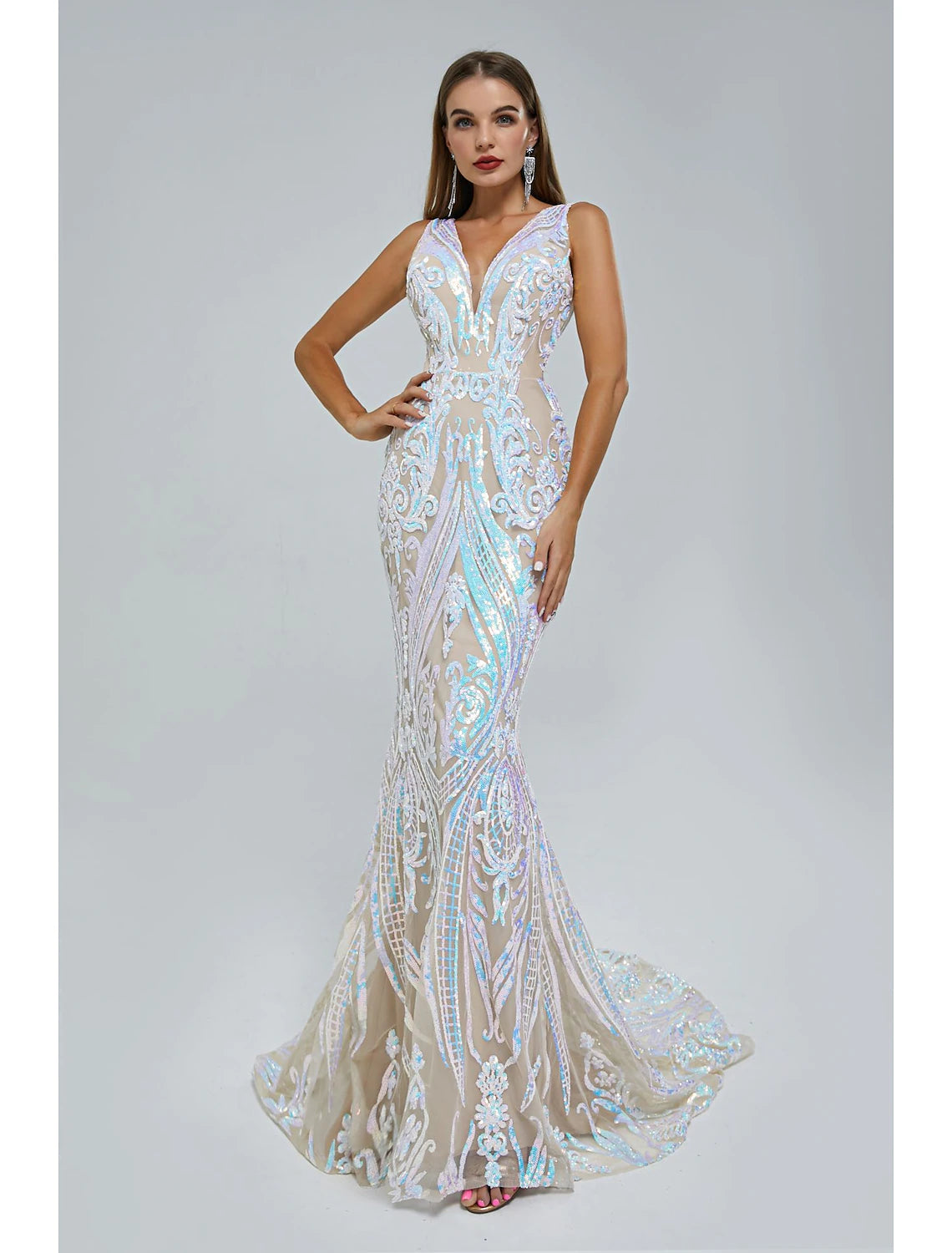 Wholesa Mermaid / Trumpet Evening Gown Sparkle & Shine Dress Engagement Formal Evening Court Train Sleeveless V Neck Sequined with Sequin