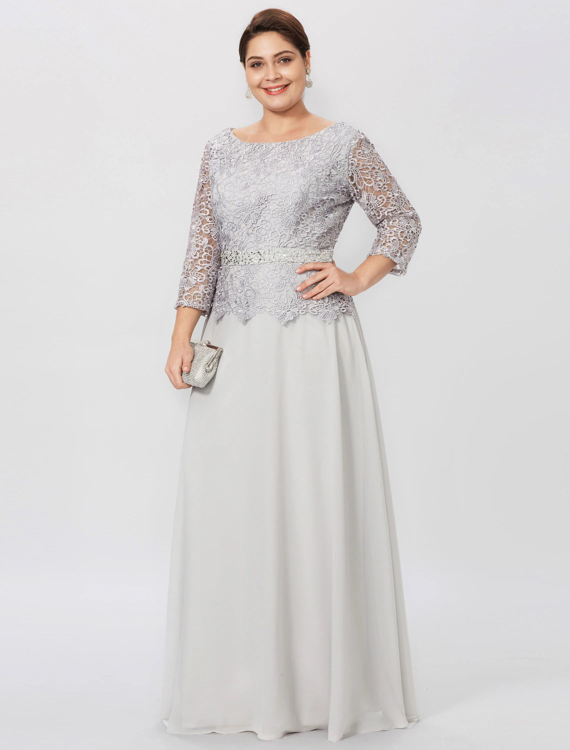wholesale  Sheath / Column Mother of the Bride Dress Formal Plus Size Elegant Jewel Neck Floor Length Chiffon Corded Lace 3/4 Length Sleeve No with Lace