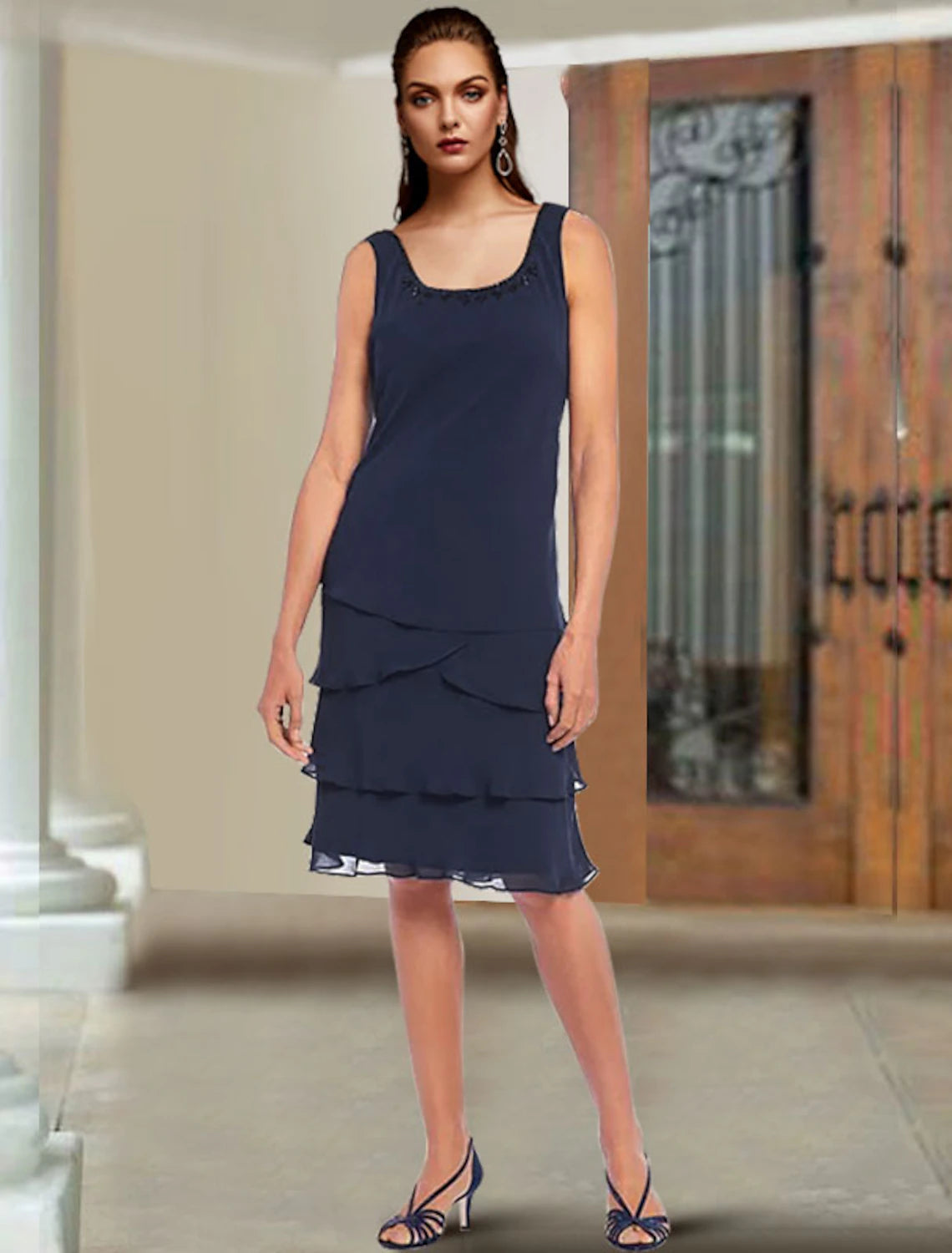 wholesale  Two Piece Sheath / Column Mother of the Bride Dress Elegant Scoop Neck Knee Length Chiffon Lace Sleeveless Wrap Included with Beading Ruffles