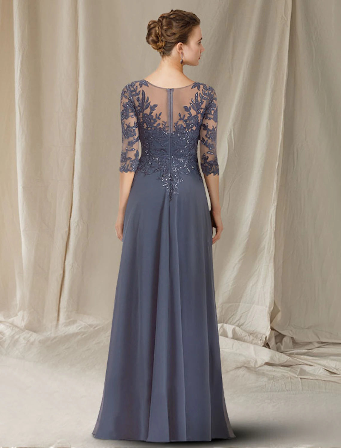 wholesale  A-Line Mother of the Bride Dress Elegant V Neck Floor Length Chiffon Lace Sequined Half Sleeve with Sequin Appliques