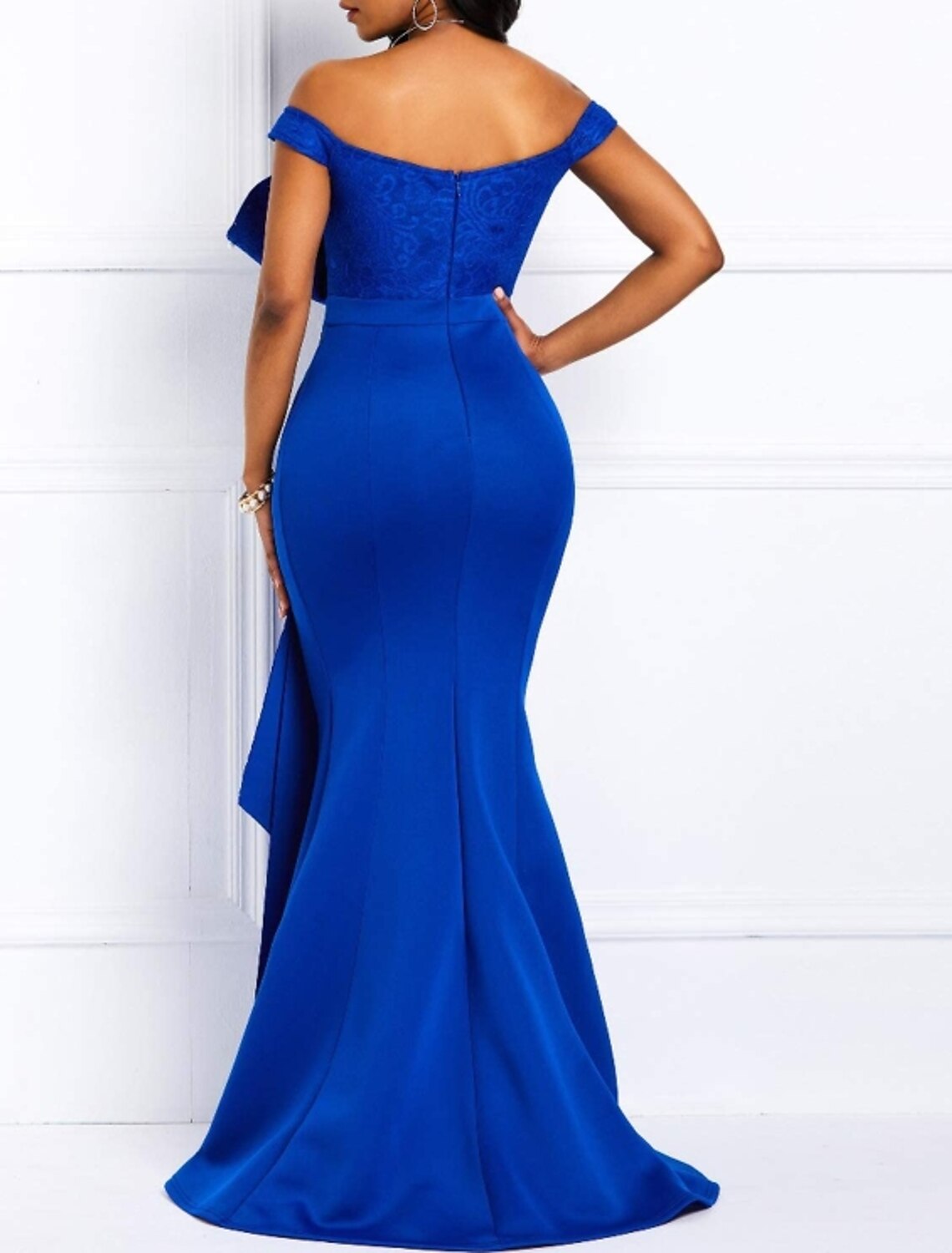 Wholesa Mermaid Party Dress Beautiful Back Elegant Engagement Formal Evening Dress Off Shoulder Short Sleeve Sweep / Brush Train Lace with Sash / Ribbon Pearls