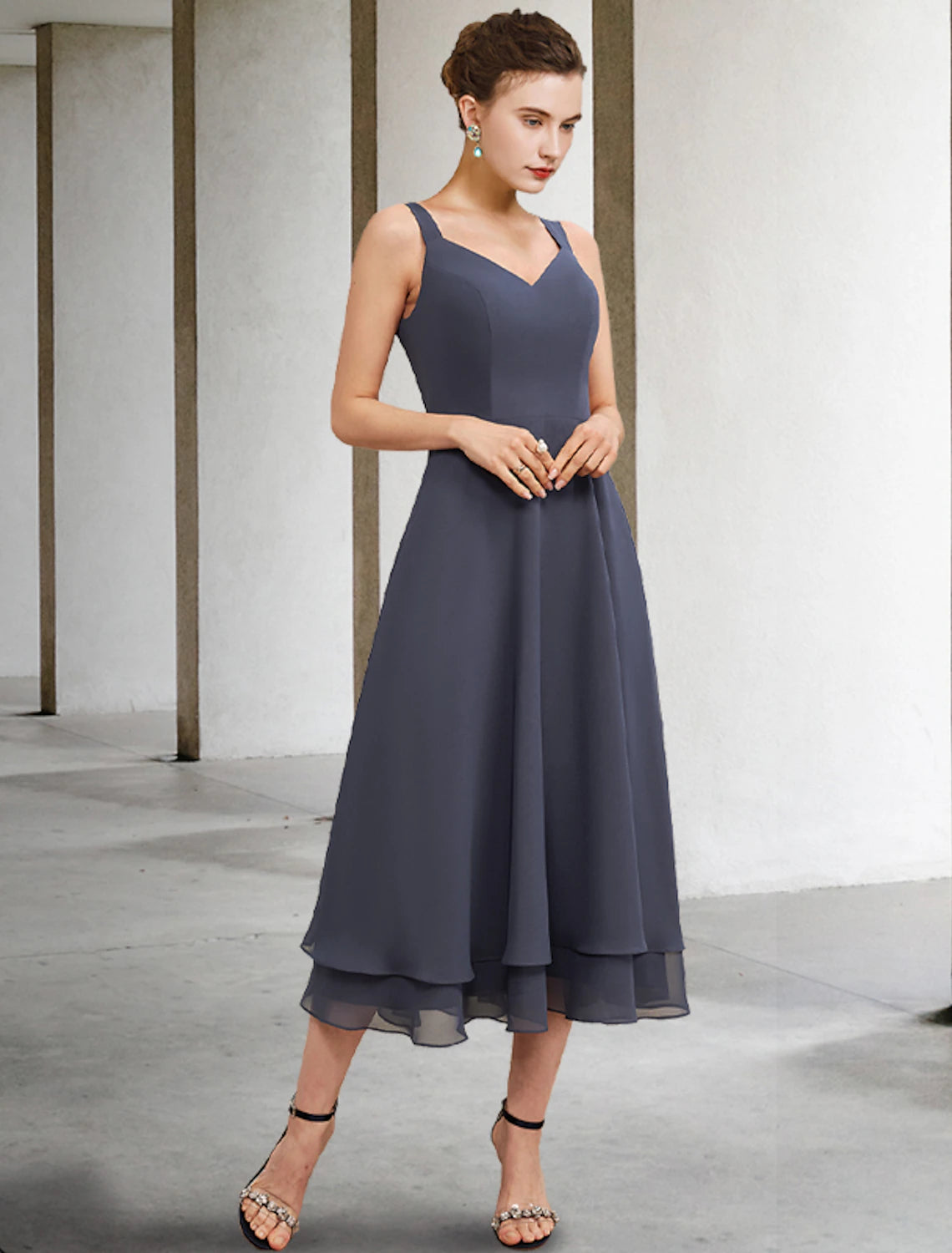 wholesale  A-Line Mother of the Bride Dress Elegant V Neck Tea Length Chiffon Lace Sleeveless Jacket Dresses with Tier Solid Color