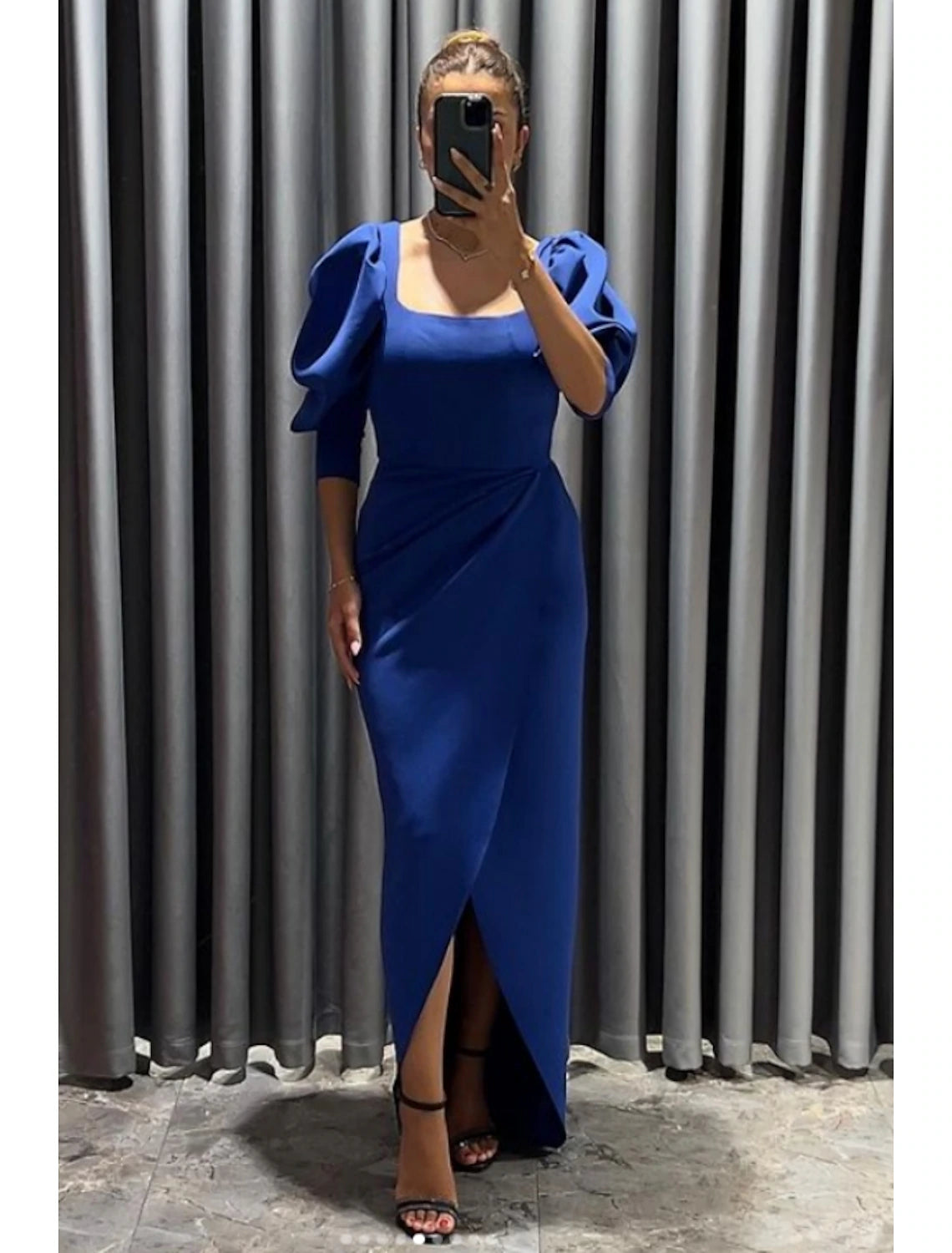 Wholesa Sheath / Column Evening Gown Elegant Dress Formal Fall Asymmetrical 3/4 Length Sleeve Square Neck Stretch Fabric with Ruched Slit