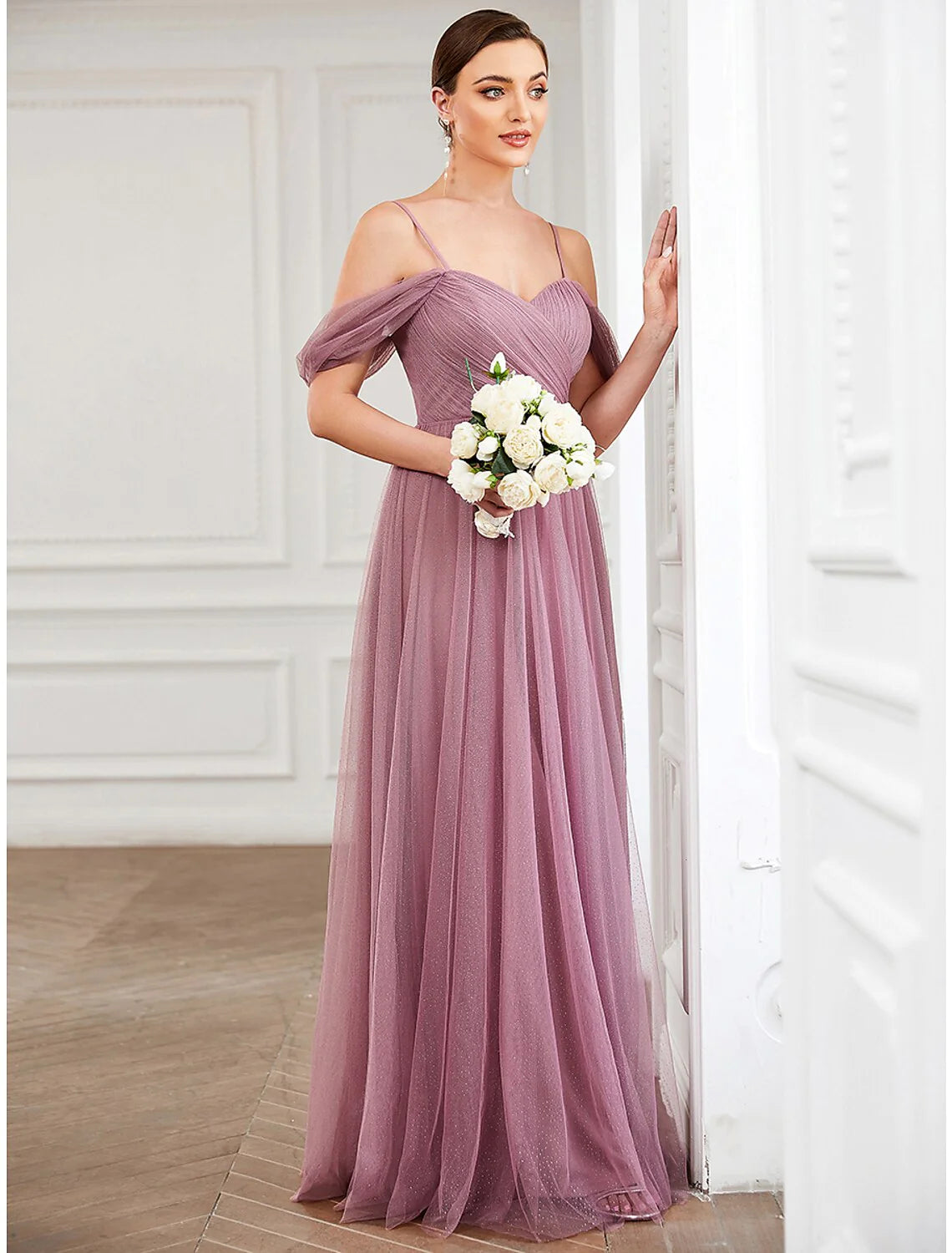 Wholesa A-Line Prom Dresses Elegant Dress Wedding Guest Floor Length Sleeveless V Neck Tulle with Pleats