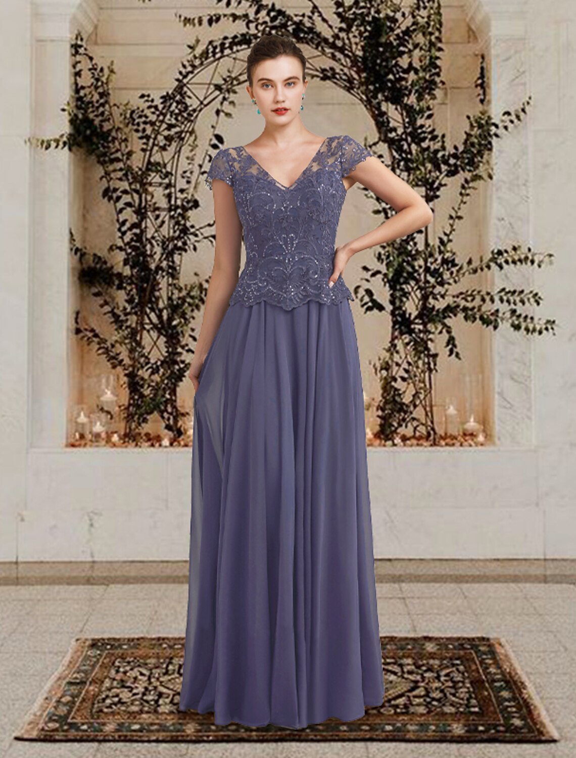 wholesale  A-Line Mother of the Bride Dress Plus Size Elegant V Neck Floor Length Chiffon Lace Sequined Short Sleeve with Pleats Appliques