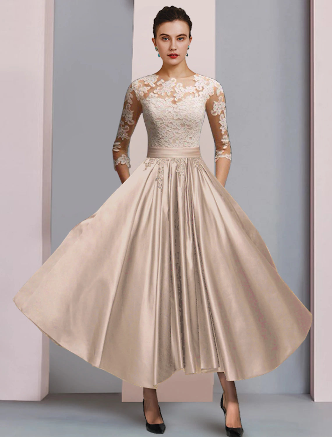 Wholesa A-Line Mother of the Bride Dress Formal Wedding Guest Elegant Party Scoop Neck Ankle Length Satin Lace 3/4 Length Sleeve with Pleats Appliques