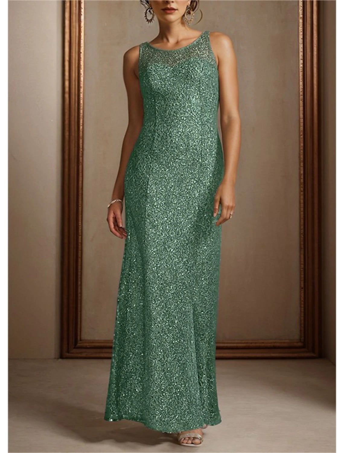 Wholesa Two Piece Mermaid / Trumpet Mother of the Bride Dress Formal Wedding Guest Elegant Jewel Neck Floor Length Chiffon Sequined 3/4 Length Sleeve Wrap Included with Beading Sequin