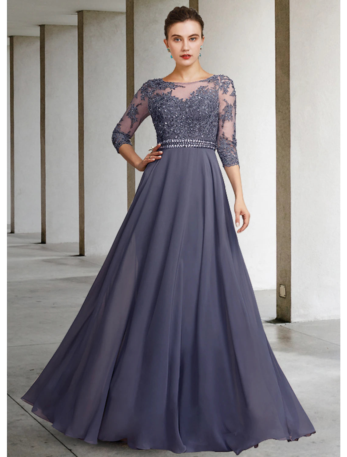 wholesale  A-Line Mother of the Bride Dress Elegant Jewel Neck Floor Length Chiffon Lace 3/4 Length Sleeve with Pleats Appliques