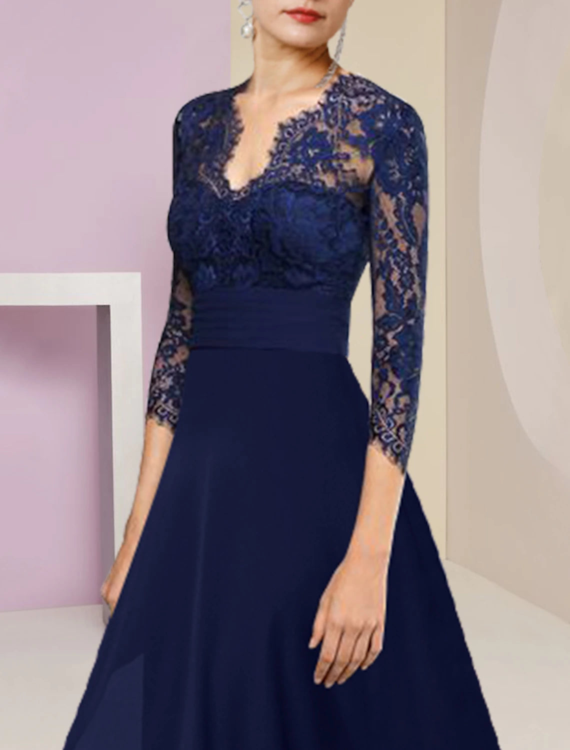 wholesale  A-Line Mother of the Bride Dress Formal Wedding Guest Elegant High Low V Neck Asymmetrical Tea Length Chiffon Lace 3/4 Length Sleeve with Ruched