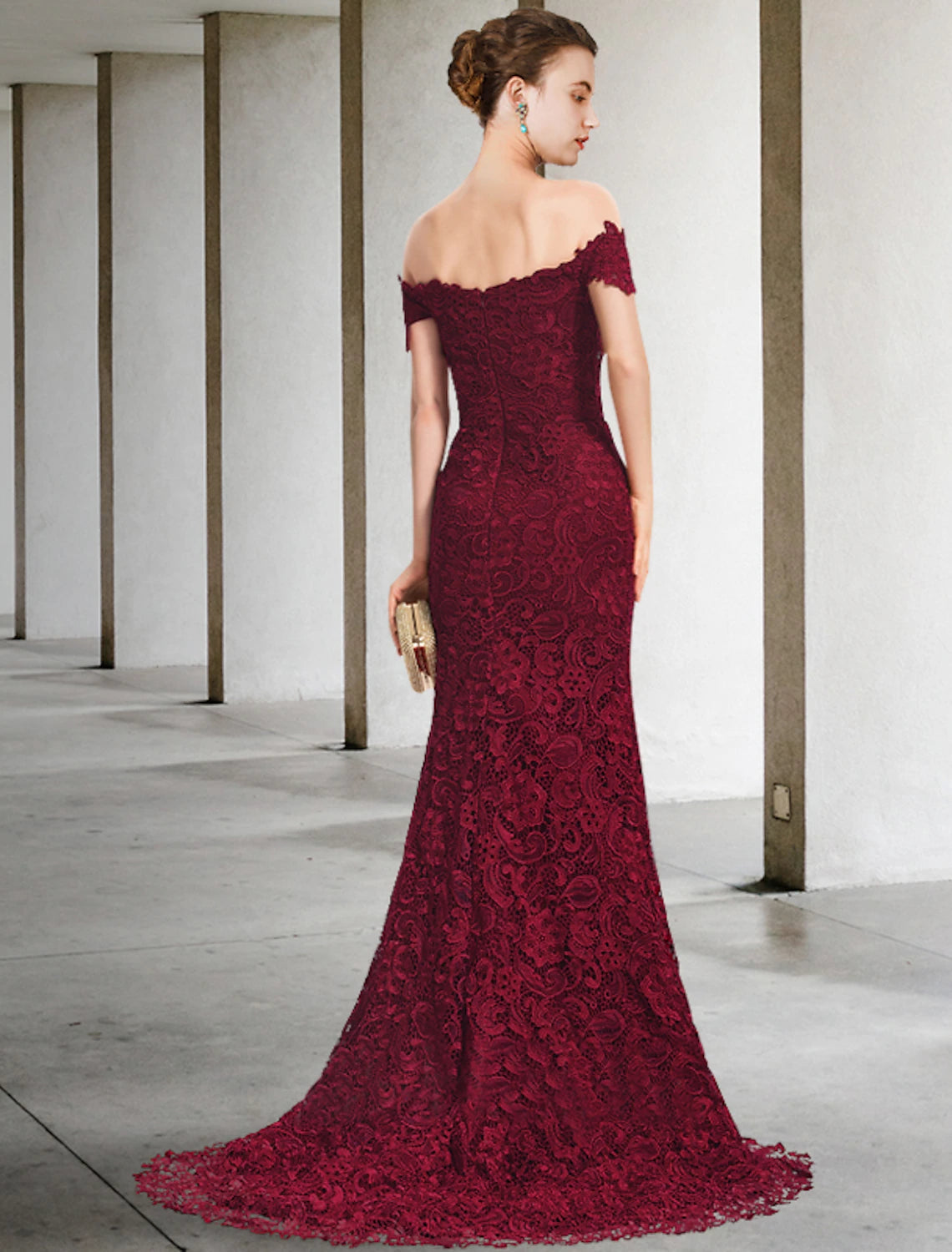 wholesale  Mermaid / Trumpet Mother of the Bride Dress Elegant Off Shoulder Sweep / Brush Train Lace Short Sleeve with Appliques