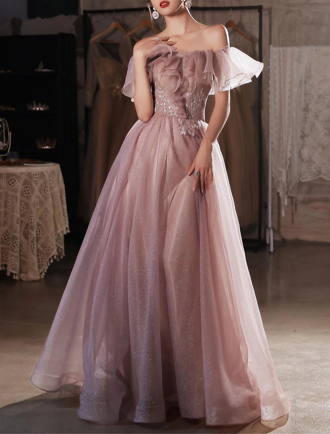 Wholesa A-Line Beautiful Back Elegant Prom Formal Evening Birthday Dress Off Shoulder Short Sleeve Floor Length Lace with Appliques