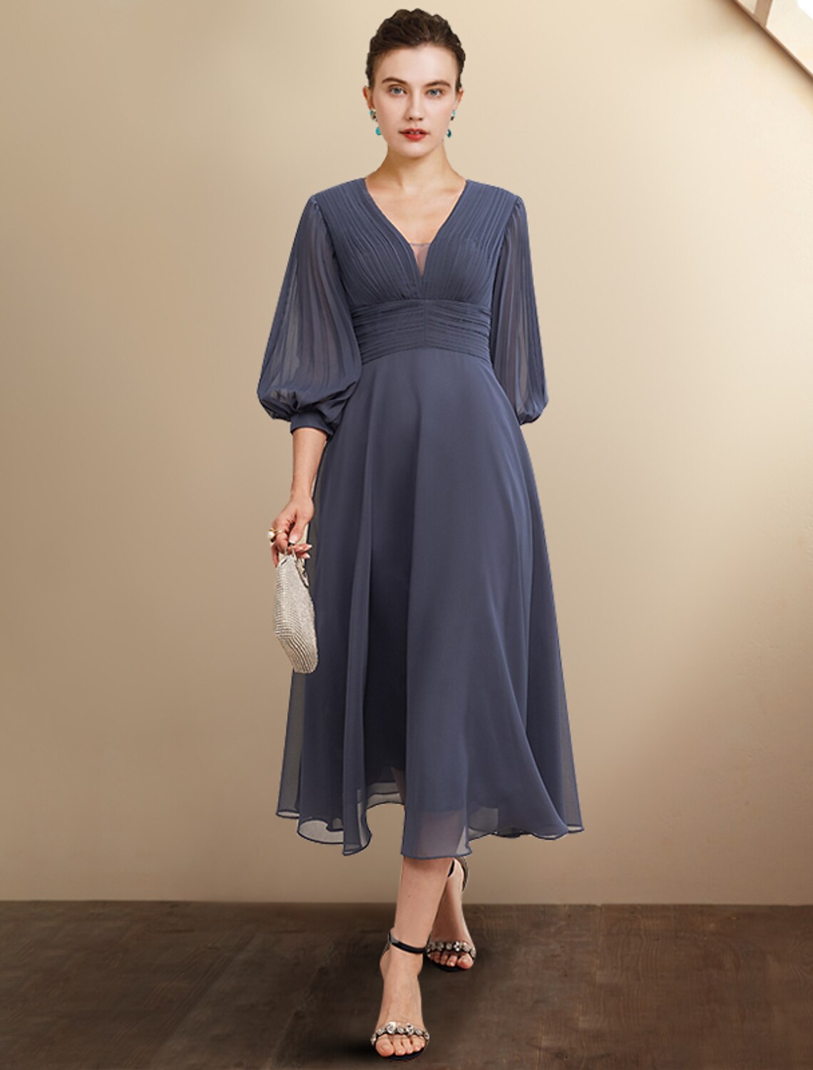 wholesale  A-Line Mother of the Bride Dress Plus Size Elegant V Neck Tea Length Chiffon 3/4 Length Sleeve with Pleats Ruched