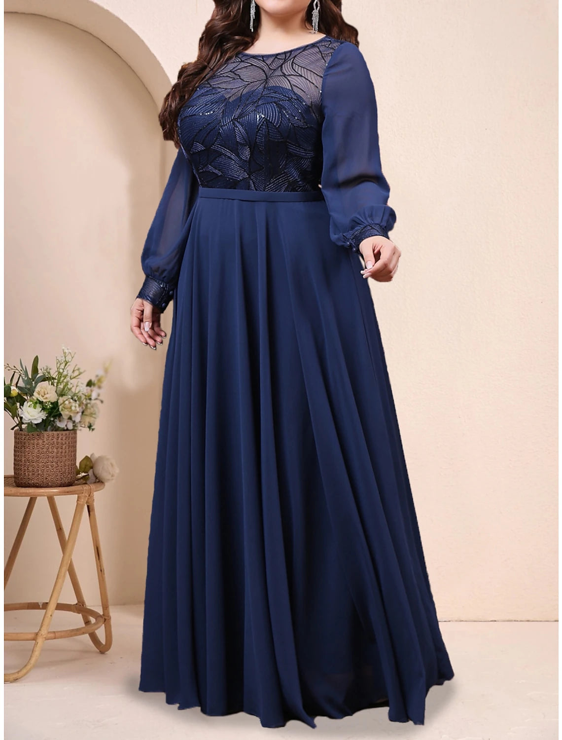 Wholesa A-Line Plus Size Curve Mother of the Bride Dress Wedding Guest Plus Size Sparkle & Shine Jewel Neck Floor Length Chiffon Long Sleeve with Pleats Sequin