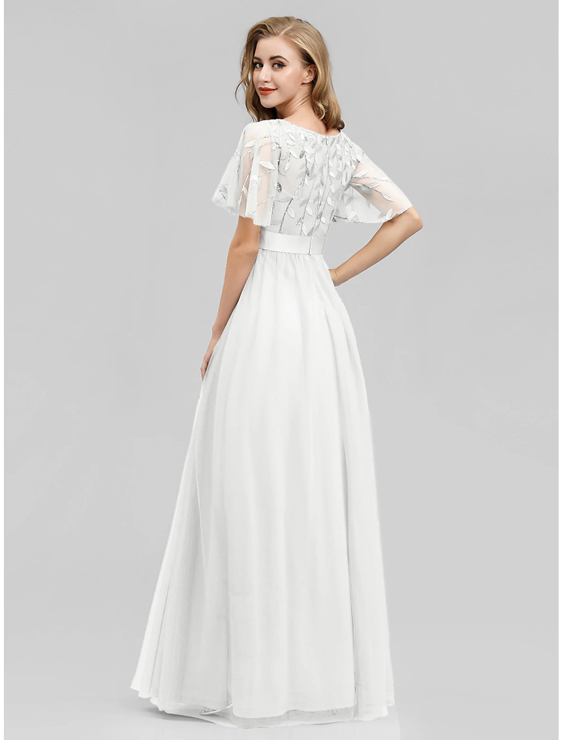 wholesa A-Line Prom Dresses Empire Dress Wedding Guest Prom Floor Length Short Sleeve Jewel Neck Bridesmaid Dress Tulle with Sequin Appliques