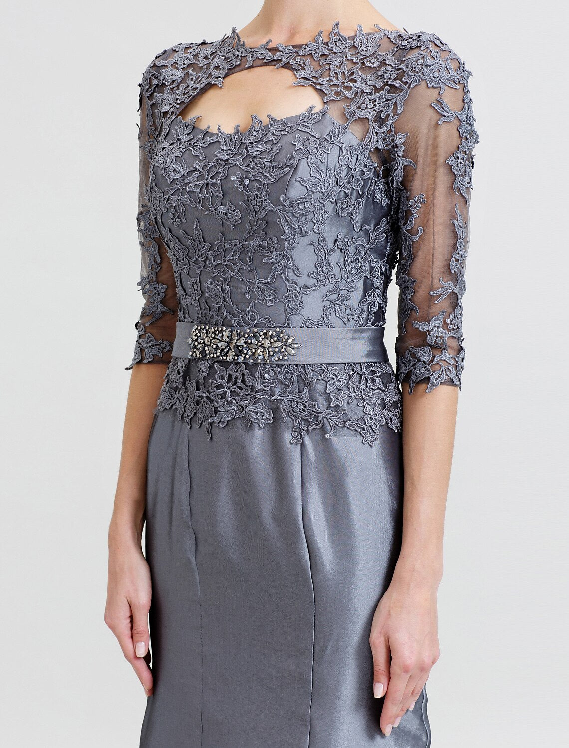 wholesale  Mermaid / Trumpet Mother of the Bride Dress Beautiful Back See Through Illusion Detail Jewel Neck Floor Length Taffeta Corded Lace 3/4 Length Sleeve with Beading