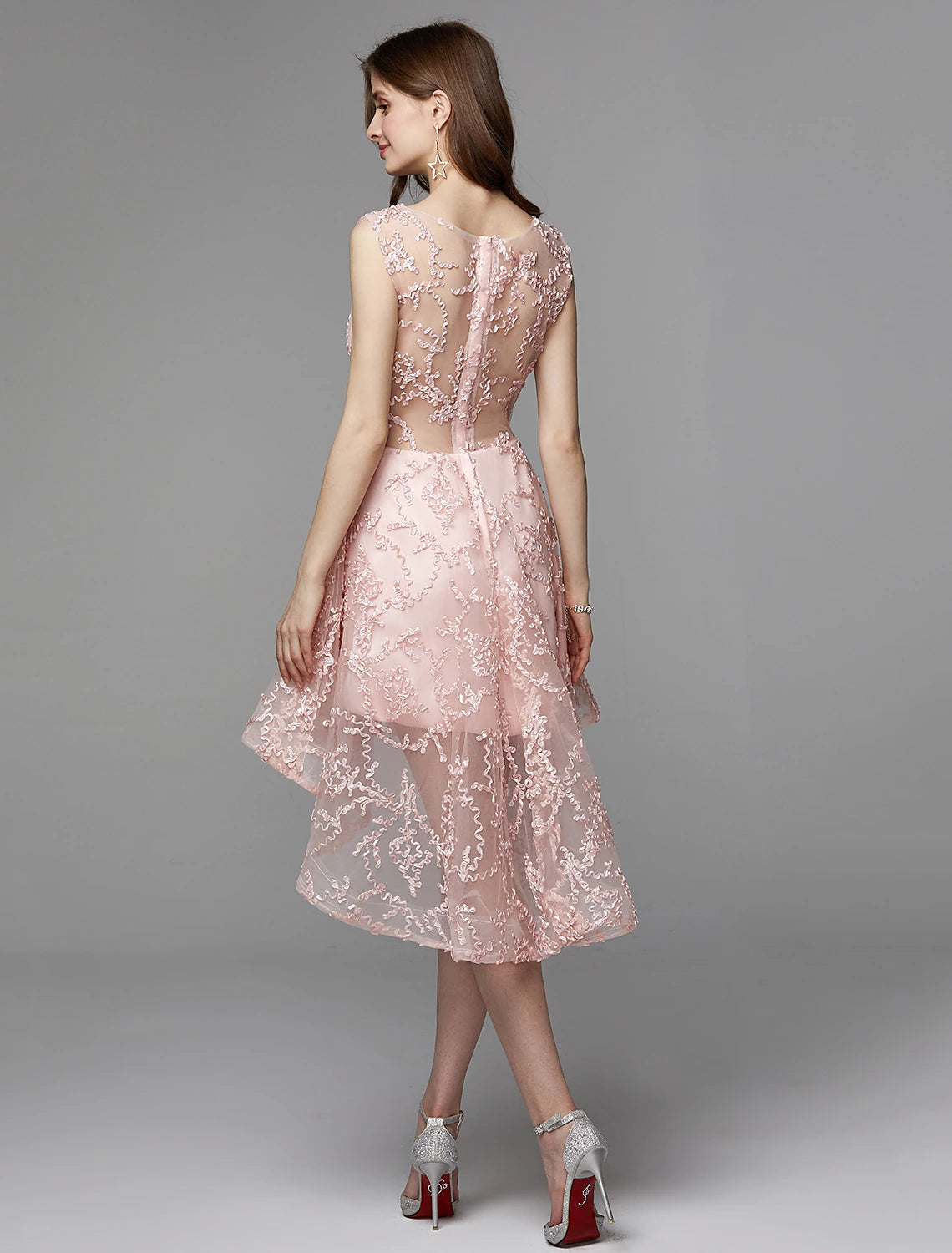 wholesa A-Line Hot Dress Wedding Guest Cocktail Party Asymmetrical Sleeveless Illusion Neck Tulle with Appliques