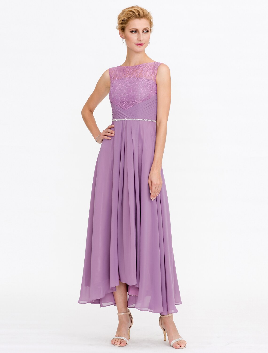 wholesale Two Piece Ball Gown A-Line Mother of the Bride Dress Formal Church Convertible Dress High Low See Through Illusion Neck Asymmetrical Chiffon Lace 3/4 Length Sleeve with Crystals