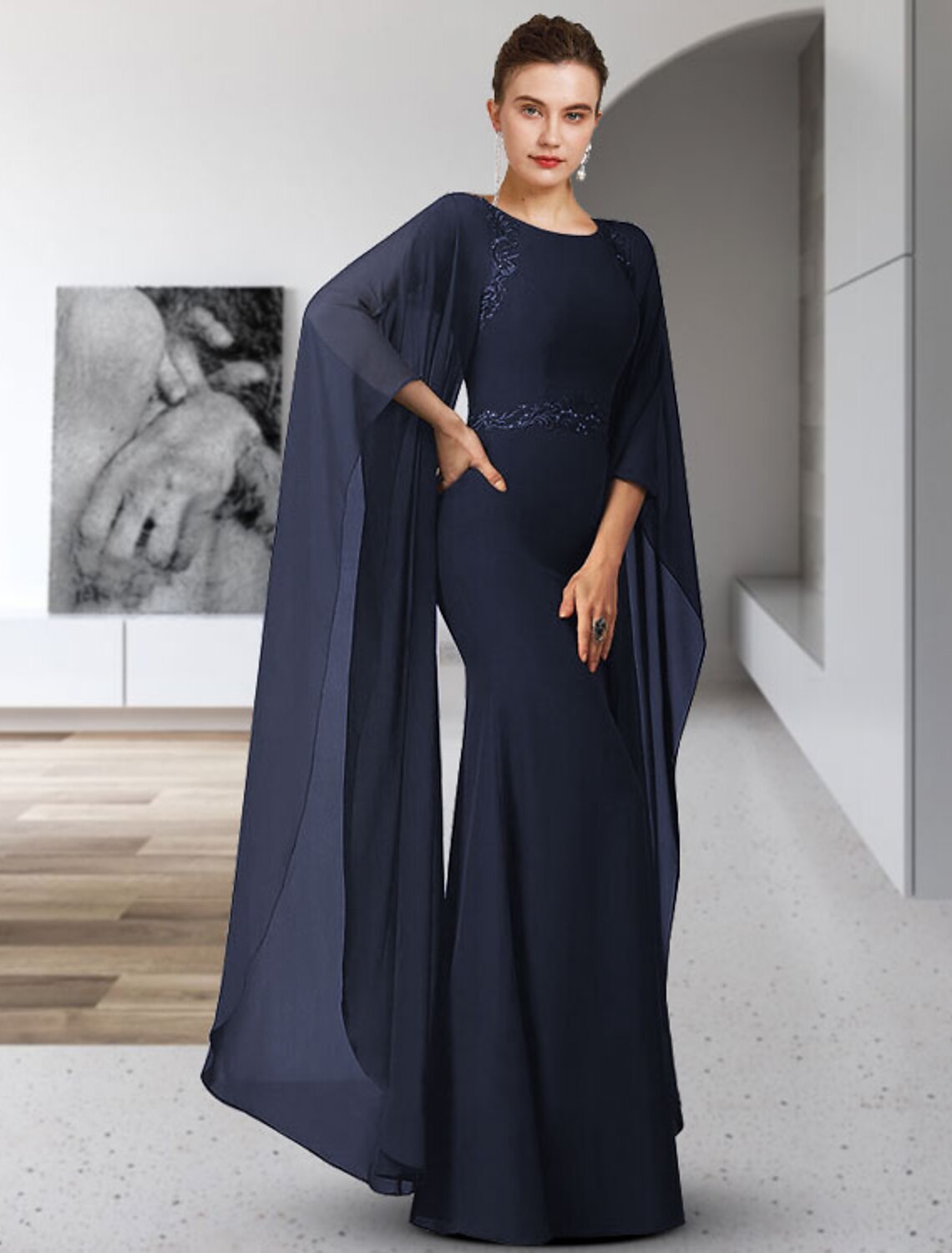 wholesale  Sheath / Column Mother of the Bride Dress Elegant Jewel Neck Floor Length Chiffon Long Sleeve with Sash / Ribbon Appliques