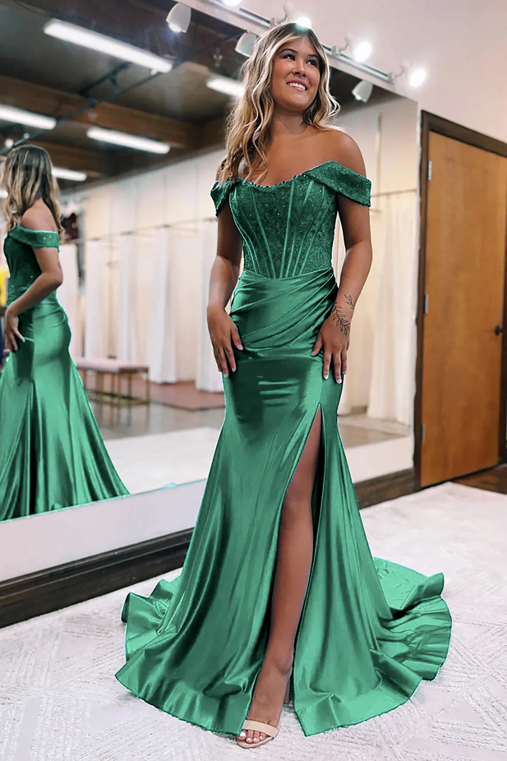 Wholesa Mermaid Sparkly Corset Detachable Neck Long Prom Dress with Slit