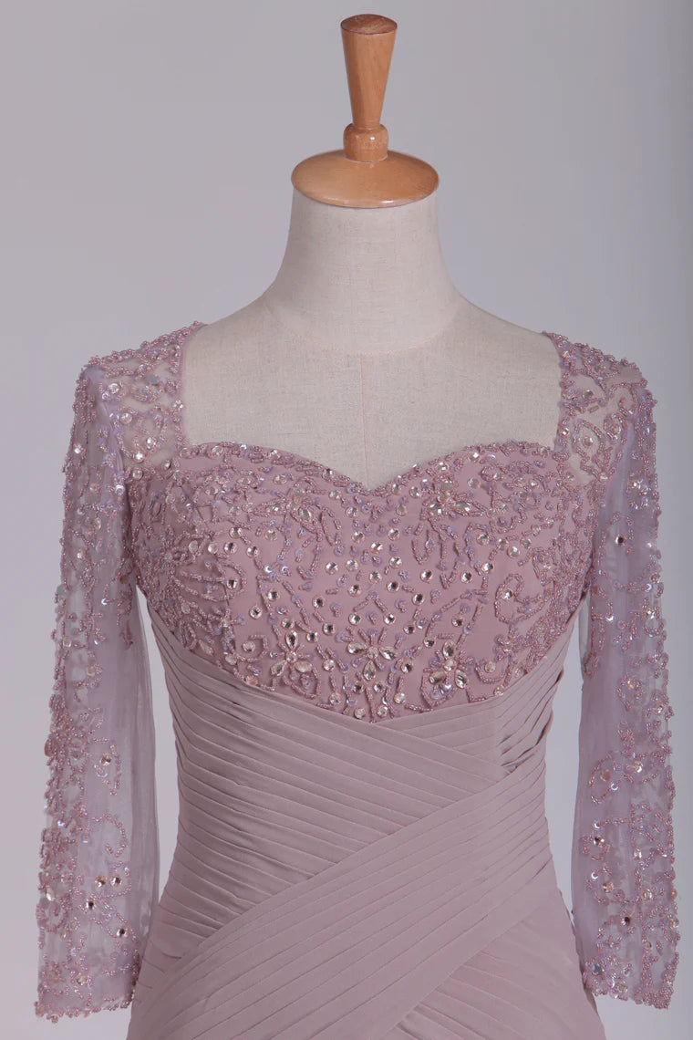 Wholesa Beaded Ruched 3/4 Length Sleeves Sheath Chiffon Mother Of The Bride Dresses